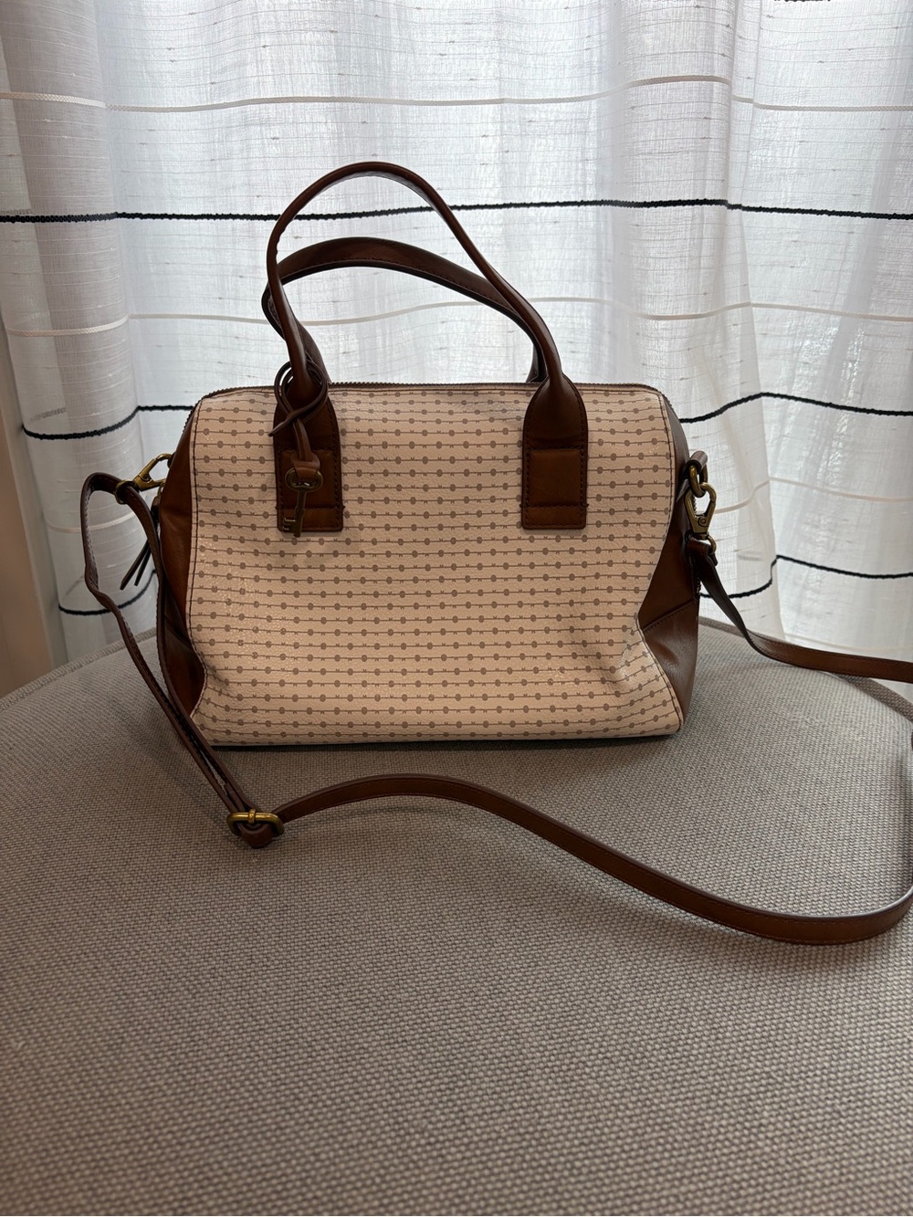 Fossil Cream and Brown Patterned Satchel